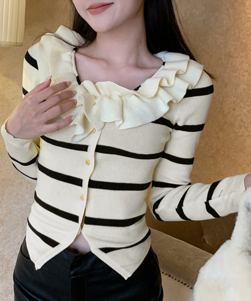 フリルニットトップス オフショルダー秋服 レディース タイトリブニット ボダン付き ニットソー きれいめニットセーター ボーダー柄 ショート丈 ニットカーディガン 80ZHONGYI-001